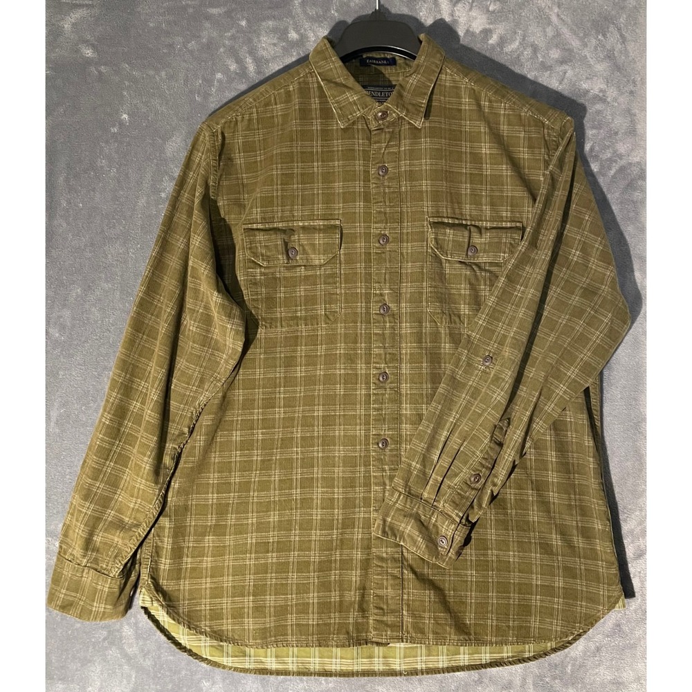 Pendleton Fairbanks Mens Large Corduroy Shirt Olive Green Grid Plaid Long Sleeve